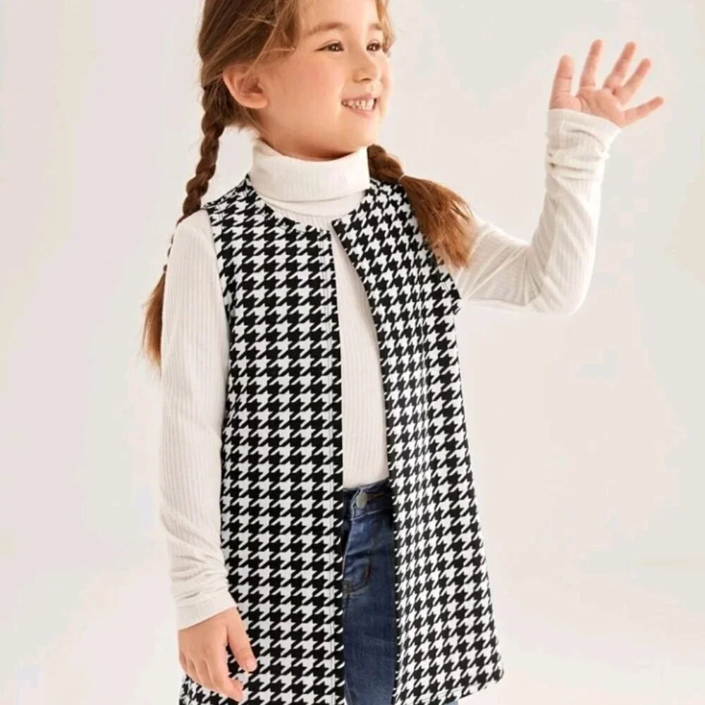 SHEIN Young Girl Houndstooth Print Open Front Vest Coat